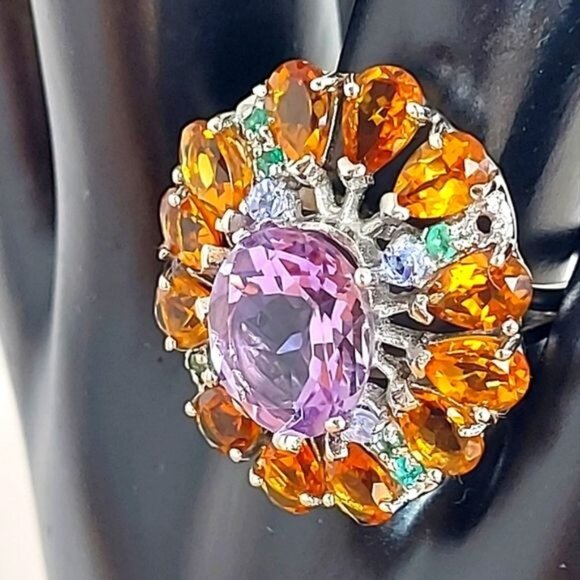 Natural Amethyst 6x4mm,‎ Citrine, Emerald 925 Sterling Silver Jewelry Ring 7.75 - Picture 10 of 12